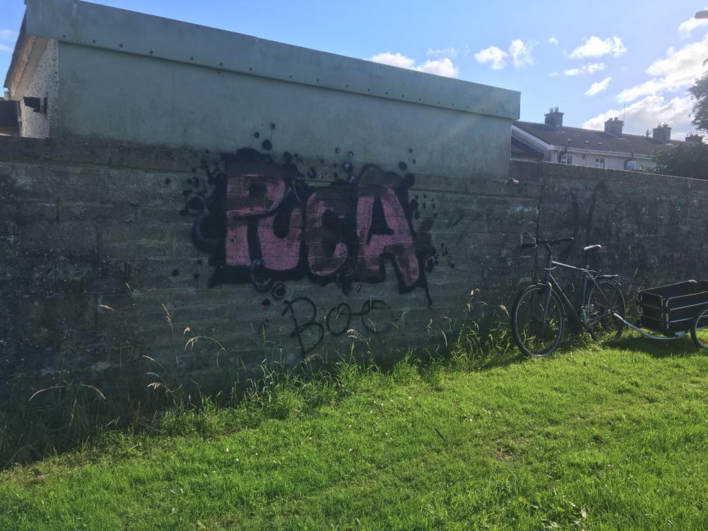 Graffiti before on the playing fields wall